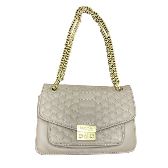 Bebe Quilted Flap Crossbody Double/Single Gold Chain Taupe Purse - Picture 1 of 11